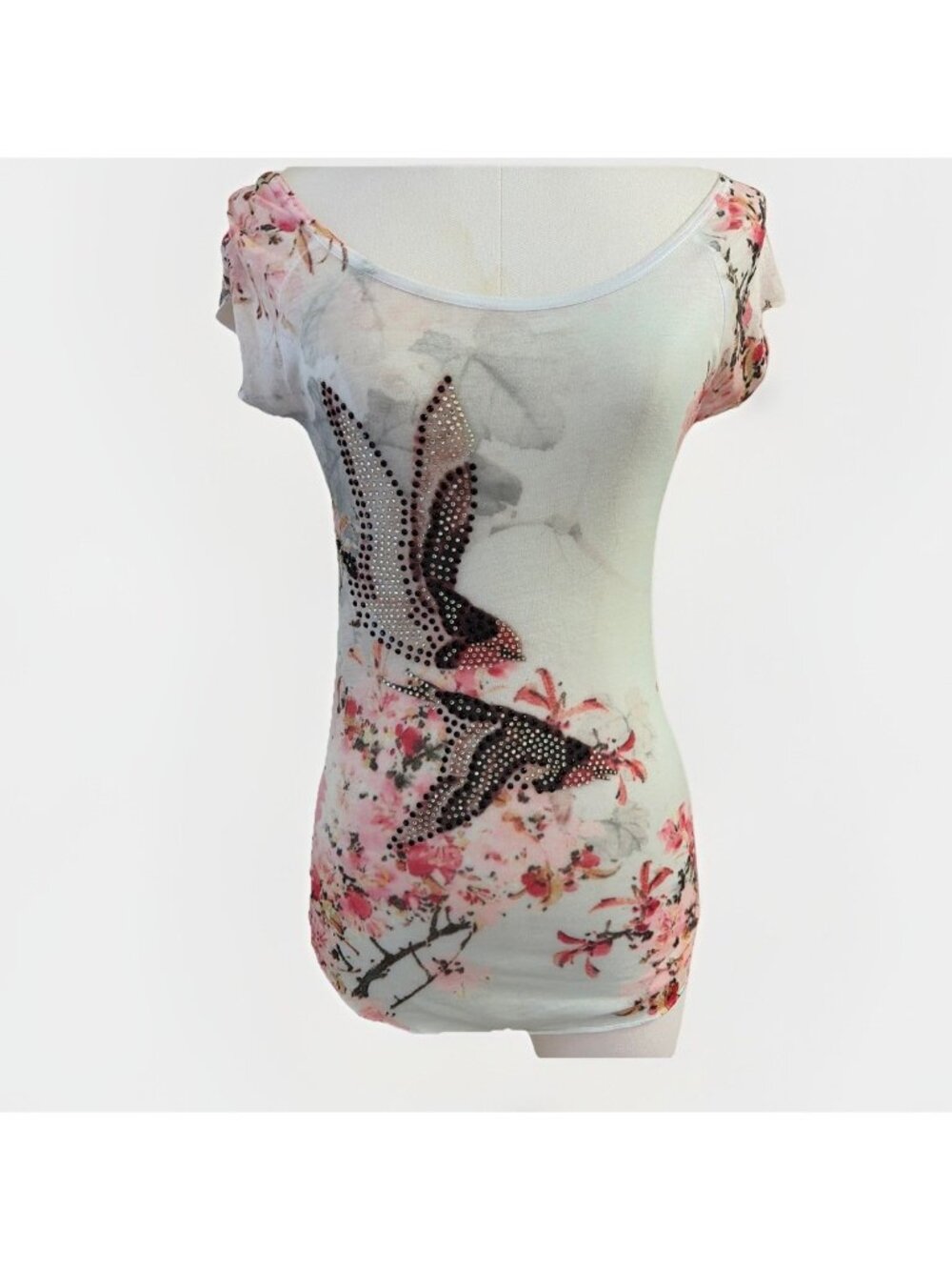 Y2K Guess Womens Sequin Sheer T-Shirt Size XS Rhinestones Birds Art to Wear RARE